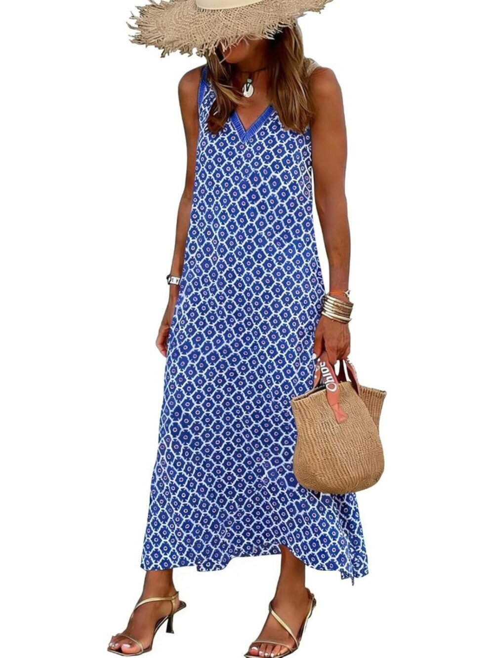 Women's Blue Sleeveless V Neck Floral Printed Imported Maxi Dress